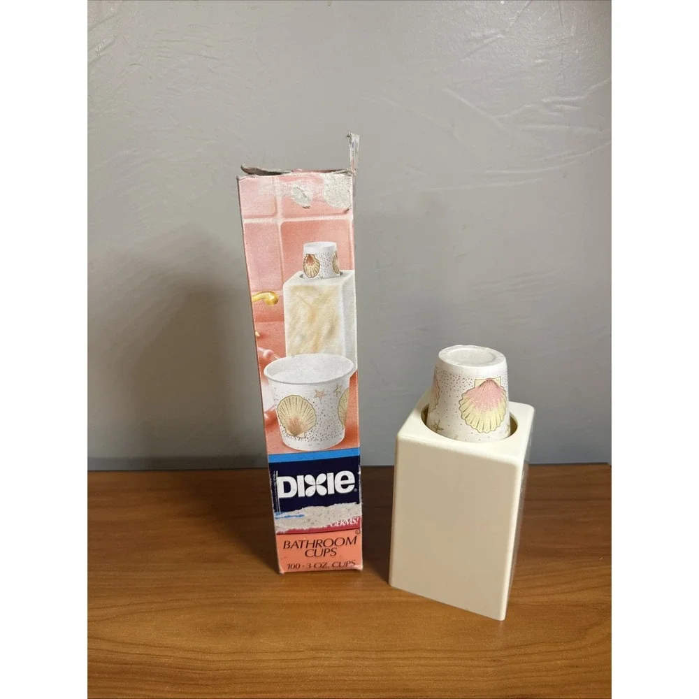 Vintage 90s Dixie Bathroom Cups And Dispenser Sea Shell Pattern